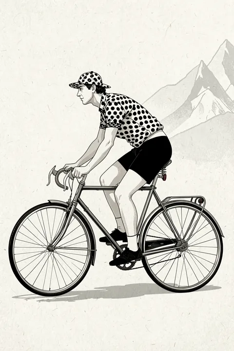 Vintage French Cyclist. A vintage-style black-and-white illustration shows a polka-dot-clad cyclist riding before pale mountain outlines.