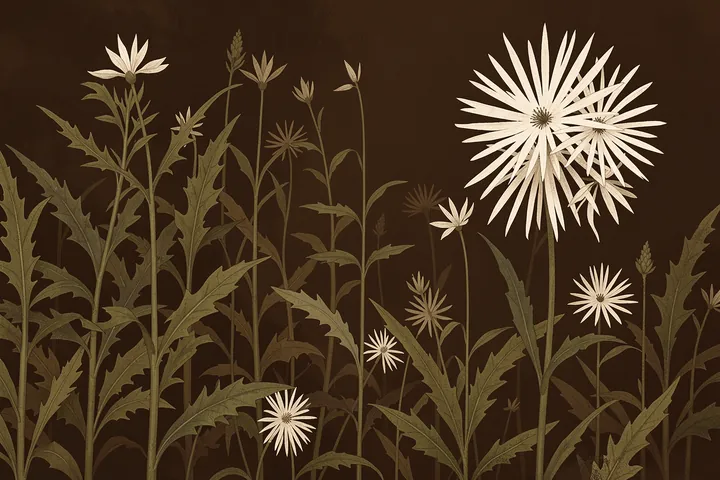 Dark Tropical Bloom. Cream daisy-like flowers and muted olive foliage stand out against a deep brown-black ground.