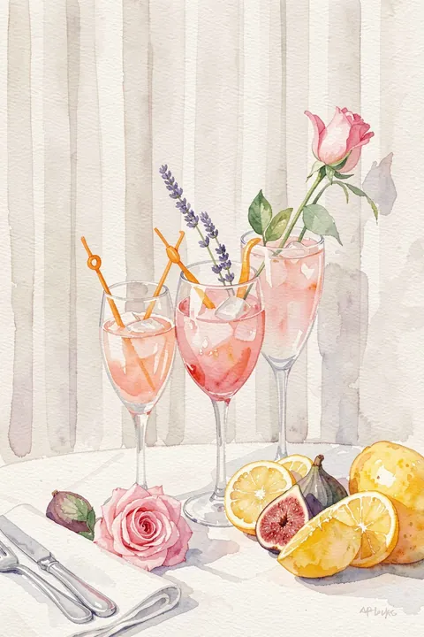 Soft Summer Drinks. A watercolor still life combines three pink summer drinks, citrus and figs, roses and lavender on a softly striped backdrop.