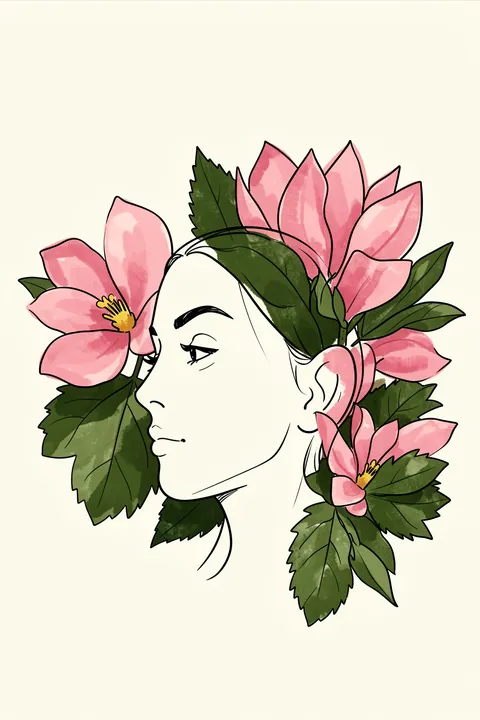 Yellow Eyes Floral Portrait. A stylized woman's profile is framed by large pink flowers and deep green leaves on pale cream.