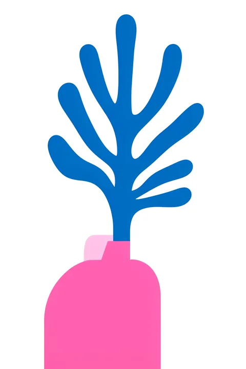 Blue Arch Plant. A vivid blue branching plant grows from a bright pink pot against a clean white background.
