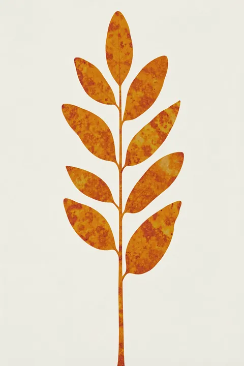 Oak Leaf. A single upright branch of orange-gold leaves is centered on warm ivory.