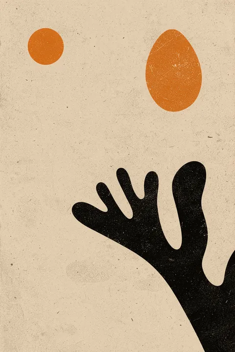 Mid Century Organic Abstract. Black organic forms and orange circles create a mid-century composition on textured beige paper.