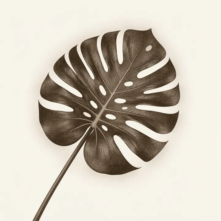 Muted Tropical Monstera Leaf. A large sepia-toned monstera leaf with distinctive splits and holes is isolated on warm cream.
