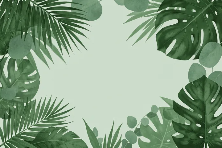 Deep Green Jungle Leaves. Deep green palm, monstera and rounded leaves frame an open pale sage center.