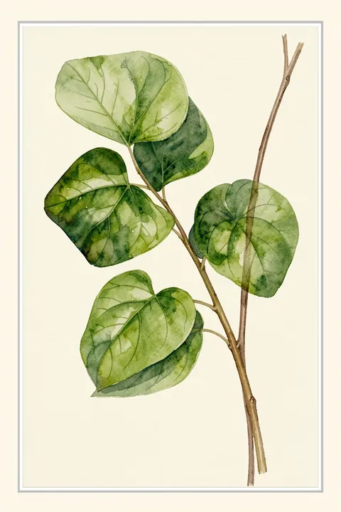 Common Lilac Botanical. A delicate watercolor study of broad green leaves and slender branches sits within a fine gray border.
