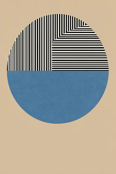 Geometric Blue Circle. A large circle combines black-and-white striped sections with a solid muted blue lower half on beige.