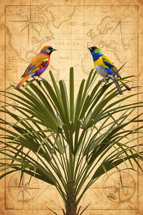 Tropical Birds Vintage Map. Two vivid tropical birds perch among spiky green leaves against a warm antique world map.