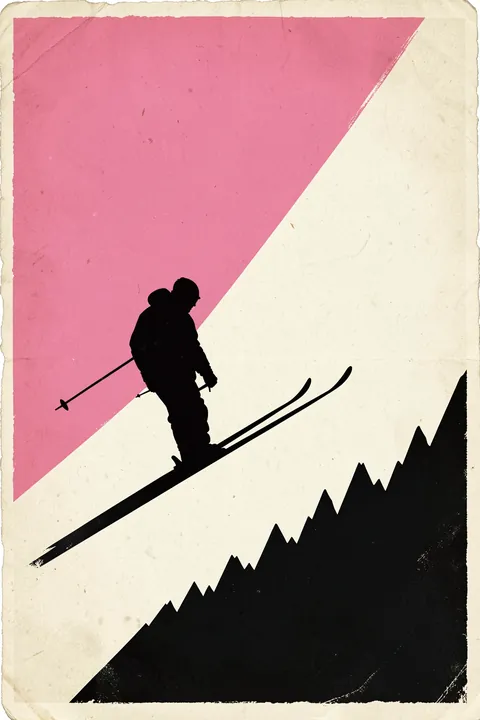 Ski Mount Hotham Australia. A vintage-inspired skier silhouette cuts across a pink and cream diagonal sky above a black mountain slope.