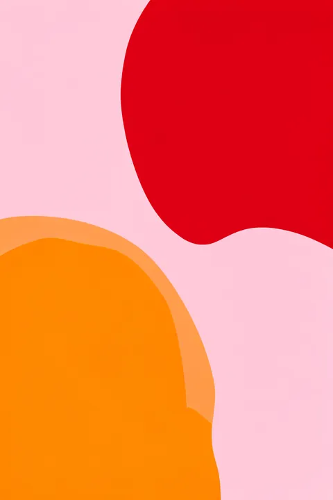 Vibrant Spheres. Oversized red and orange organic forms curve across a soft pink background.