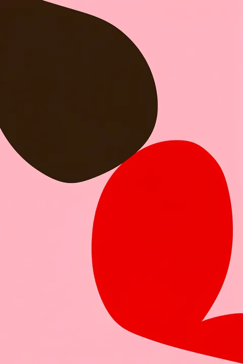 Curved Red Shapes. Large dark brown and vivid red organic forms overlap against a soft pink background.