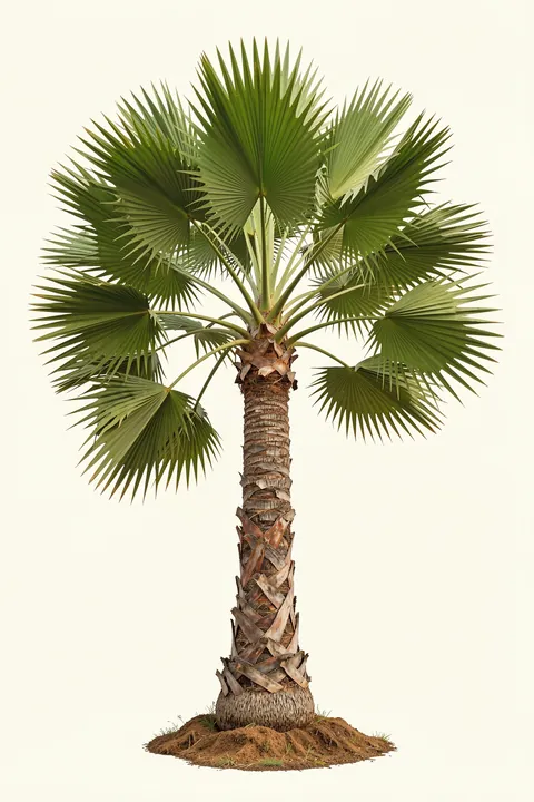 Xxvi Trithrinax B. A solitary fan palm with a textured trunk and radiating dark green fronds stands on ivory.