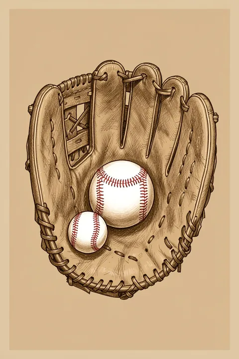 Vintage Baseball Glove Ball. A sepia-toned vintage illustration shows a worn baseball glove holding two white balls on tan paper.