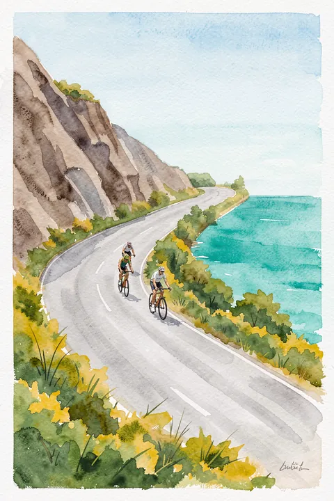 Coastal Cycling Adventure. Two cyclists ride a winding coastal road between rocky cliffs, green shrubs and turquoise sea in watercolor.
