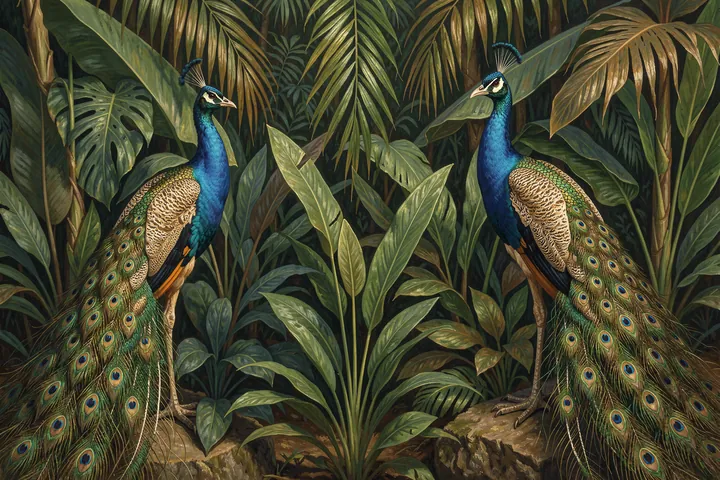 Lush Jungle Peacocks. Two richly colored peacocks stand among dense tropical foliage in a dark jungle.