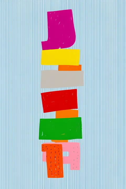 One Day At A Time. Bright stacked abstract brush-painted blocks form a vertical column against pale blue stripes.