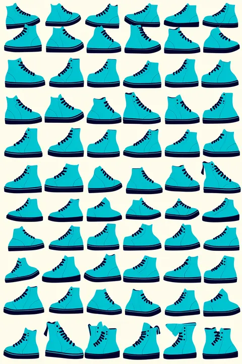 Cool Blue Sneakers Pattern. A repeating pattern of turquoise high-top sneakers with dark laces and soles covers a cream background.