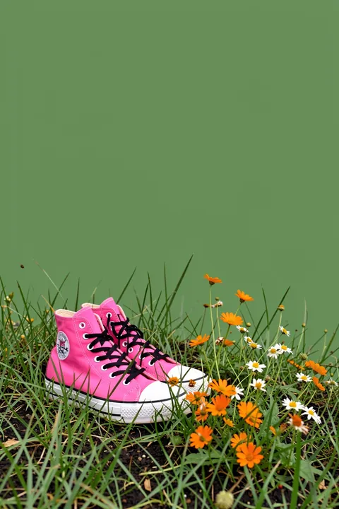 Pink Shoes in Wildflowers. Pink high-top sneakers sit among tall grasses and orange-and-white wildflowers against a muted green field.