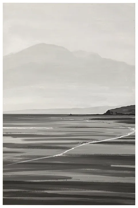 Lakes. A quiet monochrome shoreline stretches across the lower half beneath misty distant mountains.