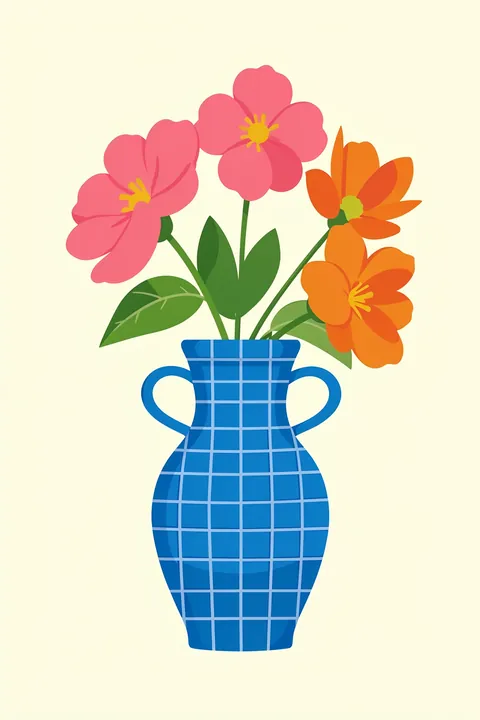 Wavy Flowers in Vase. Stylized pink and orange flowers with green leaves fill a vivid blue checked vase against pale yellow.