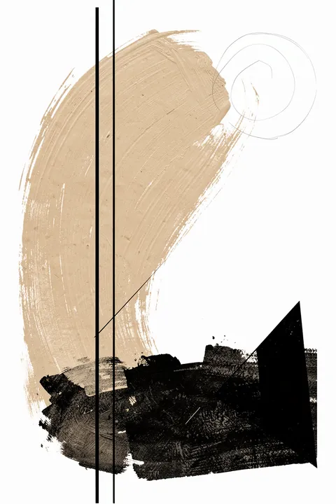 High 1. A spare abstract arrangement of tan, black and white brushstrokes and fine linear marks sits on white.
