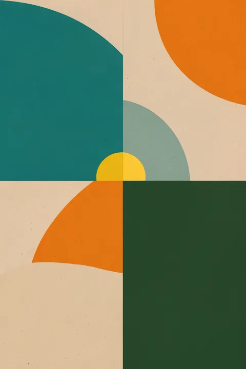 Rainbow Plus Shapes10. Large teal, orange, yellow and deep green geometric shapes meet in a balanced four-part composition.