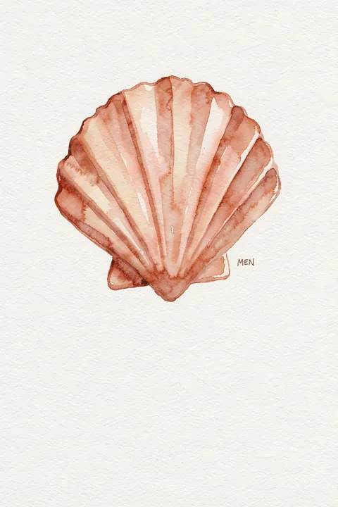 Pink Scallop Seashell. A single pink watercolor scallop shell sits on white textured paper, with a small handwritten mark beside it.