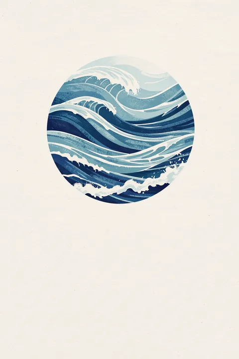 Deep Blue Waves. Layered blue and white waves curl within a circular frame on textured ivory paper.