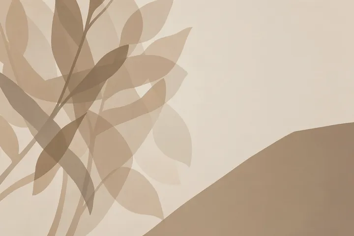 Abstract Earth Tones. Translucent taupe and beige leaf-like forms overlap above a broad curved earth-tone shape.