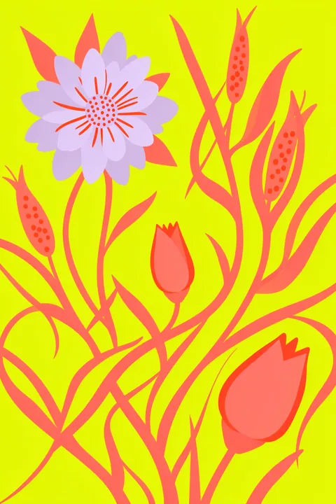 Vibrant Lotus Scroll. Coral stems, pods and buds surround a lavender flower on a vivid yellow-green background.