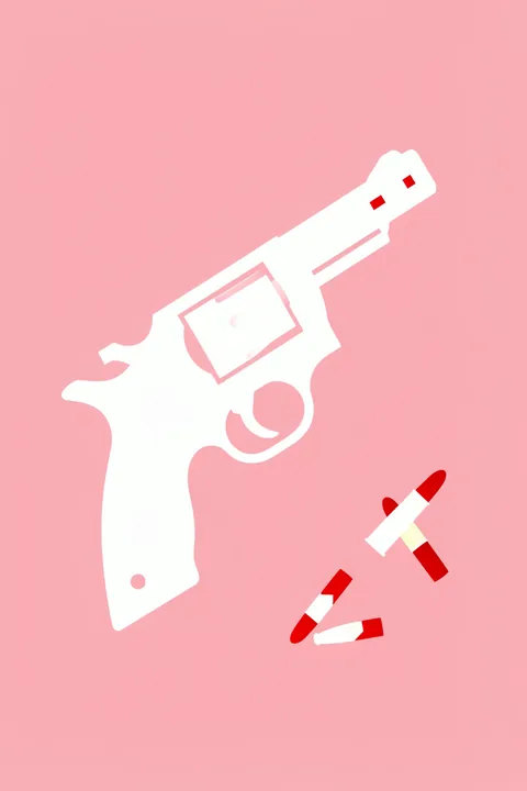 Pink Lipstick Gun. A white revolver and scattered red-and-white lipstick tubes form a playful graphic on pink.