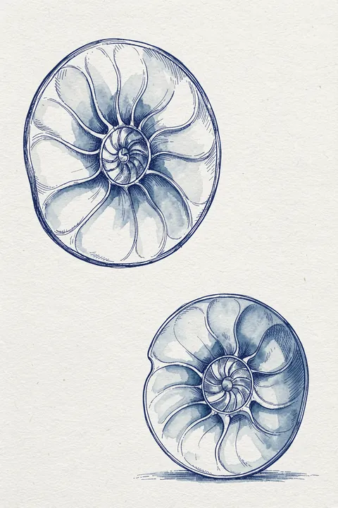Blue Nautilus Spiral. Two blue-ink nautilus shell cross-sections are drawn on textured white paper.