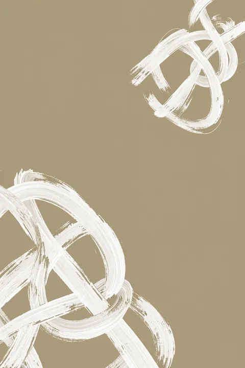 Twist. Sweeping white brushstrokes twist and loop across a warm taupe background.