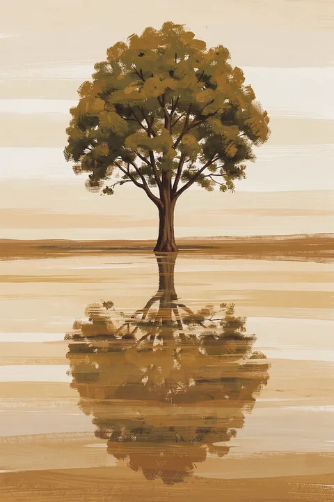 Tranquil Autumn Reflection. A lone golden autumn tree stands beside still water, its warm foliage reflected in the calm surface.