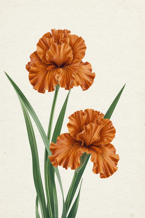Vibrant Orange Irises. Two vivid orange irises with long green leaves rise against a light ivory ground.