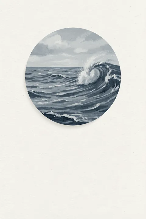 Calm Ocean Waves. A circular blue-gray seascape captures layered ocean waves and breaking surf against white.
