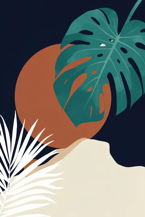 Abstract Jungle Leaves. Layered tropical leaves in teal and green surround a terracotta circle on a deep navy ground.