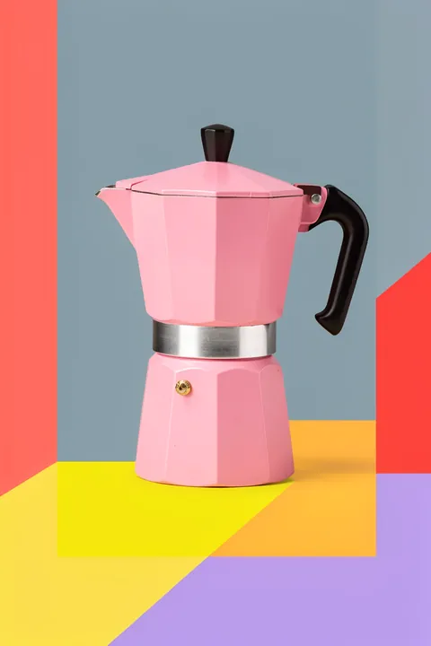 Pink Moka Pot. A pink moka pot is framed by bold blocks of coral, slate blue, yellow, orange and purple.
