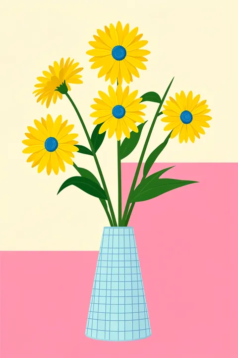 Yellow Flowers in Blue Vase. Bright yellow daisies with blue centers sit in a pale blue grid-patterned vase amid cream and pink shapes.
