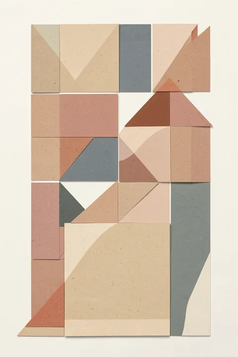 Pastel Geometrics. A calm grid of muted tan, gray, dusty pink and brown geometric cut-paper shapes sits on cream.