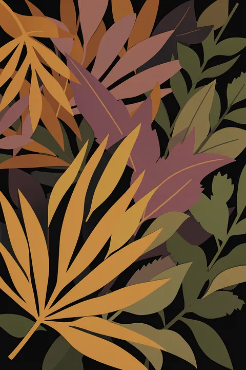 Vibrant Botanical Leaves. Overlapping flat botanical leaves in ochre, mauve, olive and dark green fill a black background.