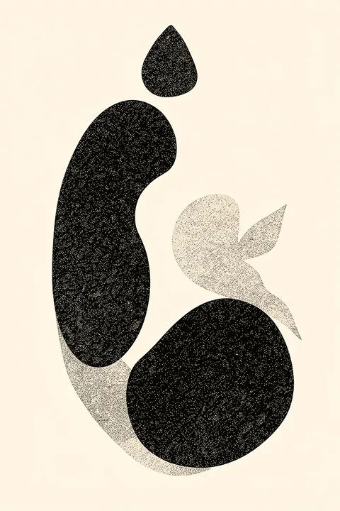 Organic Silhouette. Stippled black-and-cream organic shapes create an abstract composition on pale yellow.