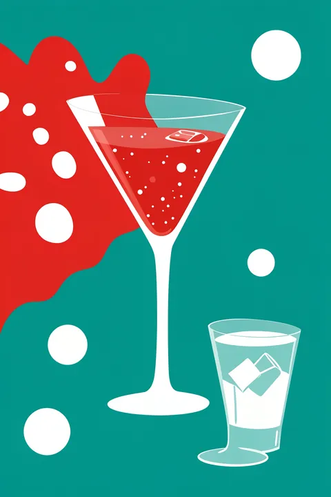 Mid-Century Drinks. Stylized red and pale cocktails sit among playful dots and shapes on a teal background.