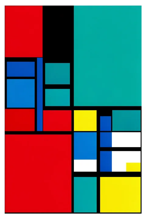 Bauhaus Geometric Design. Black grid lines divide a Bauhaus composition of red, cyan, blue, yellow and white blocks.