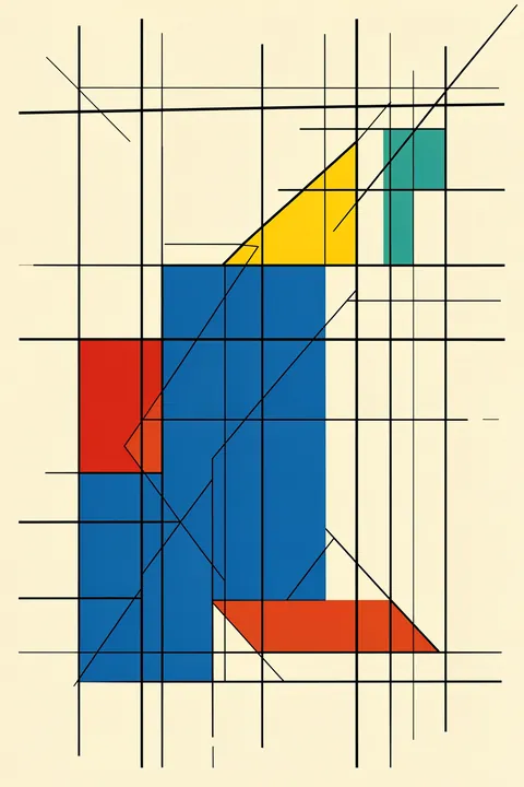 Bauhaus Abstract Geometric Design. Fine black lines frame primary-color blocks and diagonals in a geometric composition on cream.