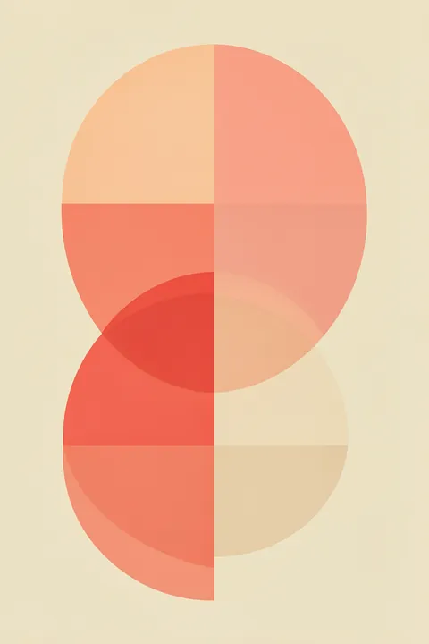 Soft Geometric Balance. Pale salmon, peach and cream semicircles and rounded blocks overlap in a soft geometric arrangement.