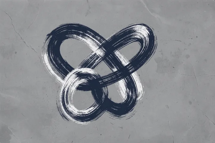 Fluid Abstract Strokes. Navy and white looping brushstrokes cross a softly textured gray background.