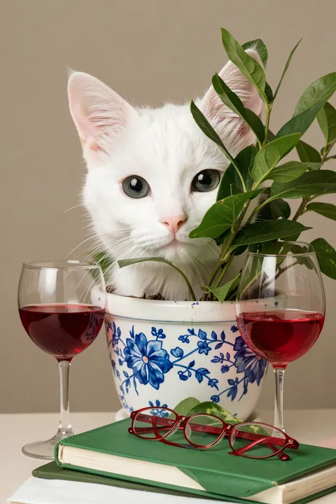 Cozy Cat Reading Nook. A white cat peeks from behind a leafy potted plant beside books, glasses and wine glasses.