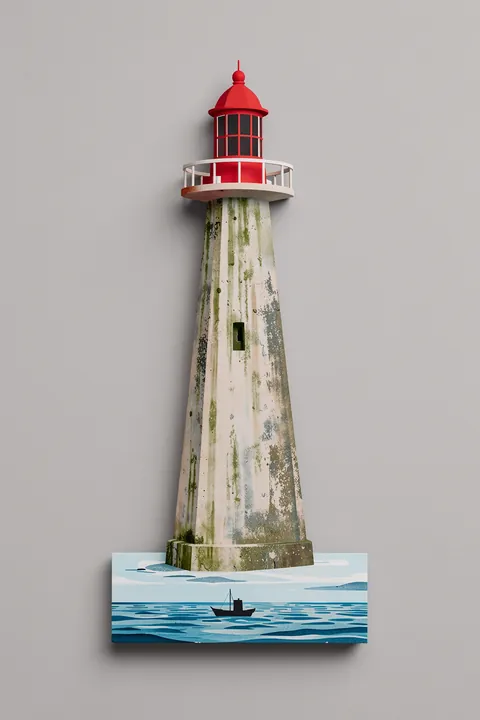 Calm Lighthouse Watercolor. A weathered gray-olive lighthouse with a red lantern roof stands above a small panel of sea and ship.