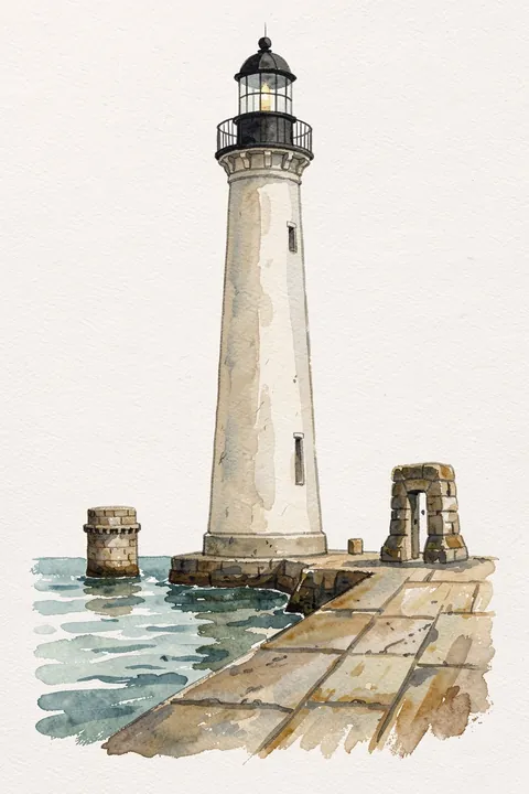 Coastal Lighthouse View. A white coastal lighthouse rises beside a stone pier, sea and old masonry ruins in watercolor.